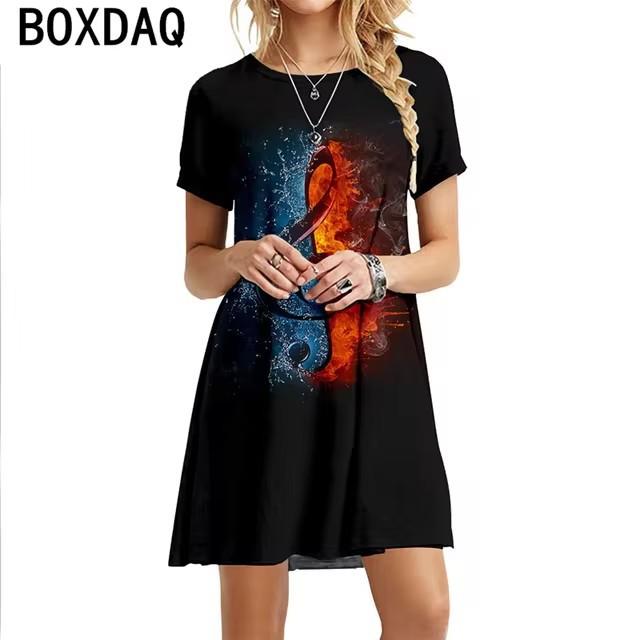 Abiti Stampa Digitale Musicale 3D Donna Estate Manica Corta Scollo a O Casual Larga