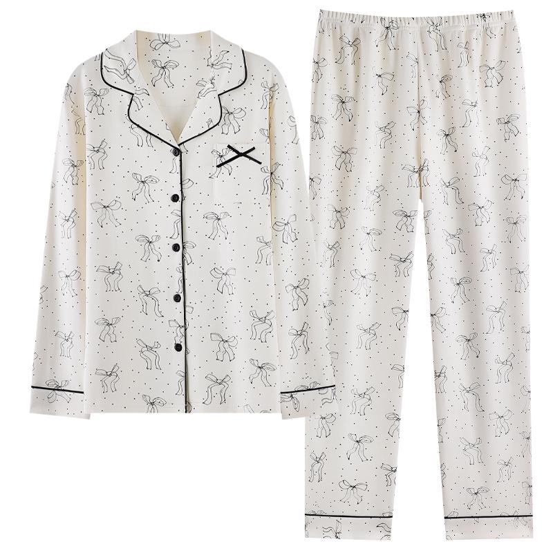 Women's Pure Cotton Long Sleeve Pajama Set - Casual Two-Piece with Simple Print for Home or Outwear