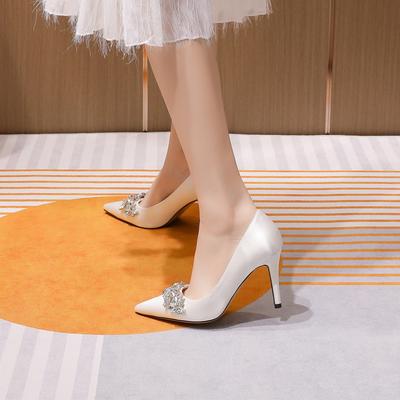 White High Heels Bridal Shoes Satin Pointed Wedding Shoes Main Wedding Dress Show He Two Wear Rhinestone Knot Engagement High Heels