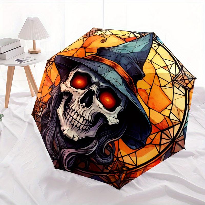 Halloween Hexe Totenkopf Buntglas Fensteraufkleber Regenschirm, Tragbarer 3-fach Kompakter Regenschirm, Weihnachtsgeschenk ES459