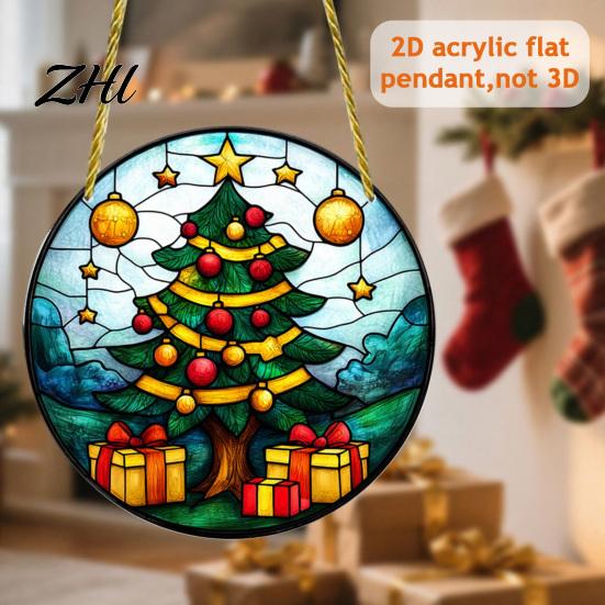 Acrylic Santa Claus Pendants Stained Glass Style Christmas Hanging Pendant, Plants Ornaments with Lanyard Double Sided Printed Xmas for Tree