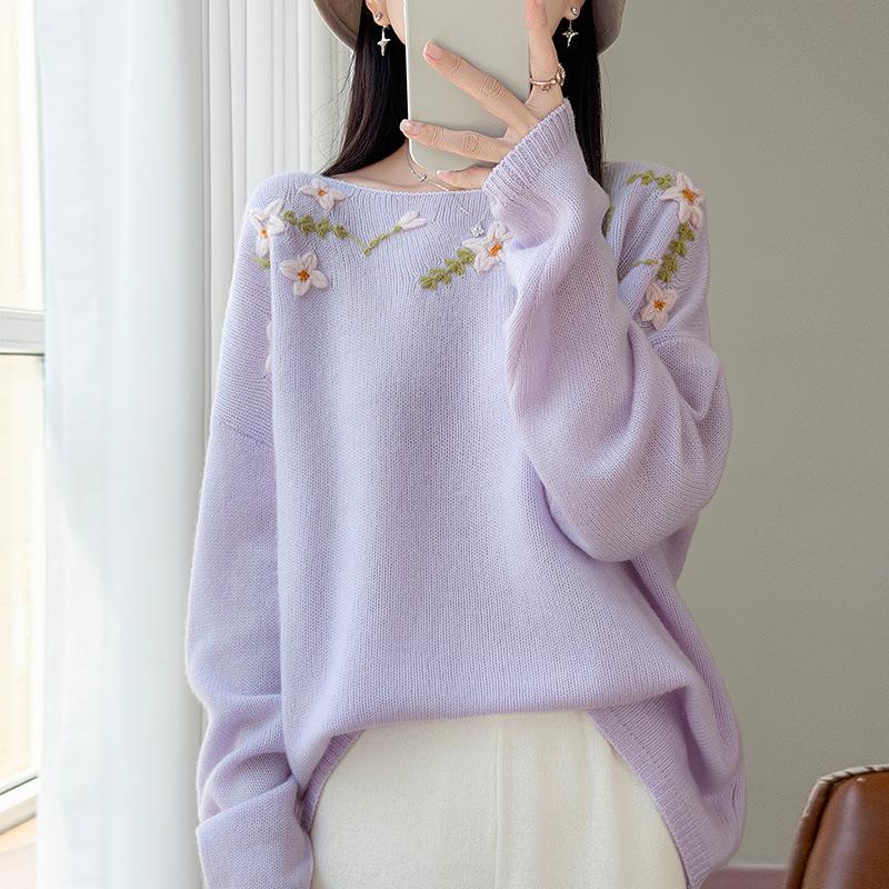 2026 Autumn/Winter Women's Embroidered Floral Wool One-Shoulder Sweater Top