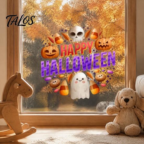 Bathroom Glass Window Dressing Halloween Clings, Cute Ghost Pumpkin Skull Happy Sticker, Reusable Decorative Holiday Film Double Sided Static