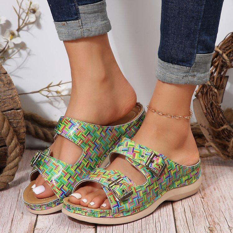 Double buckle cool slippers women's summer round head hollow metal buckle flat bottom outer wear plaid flip-flops
