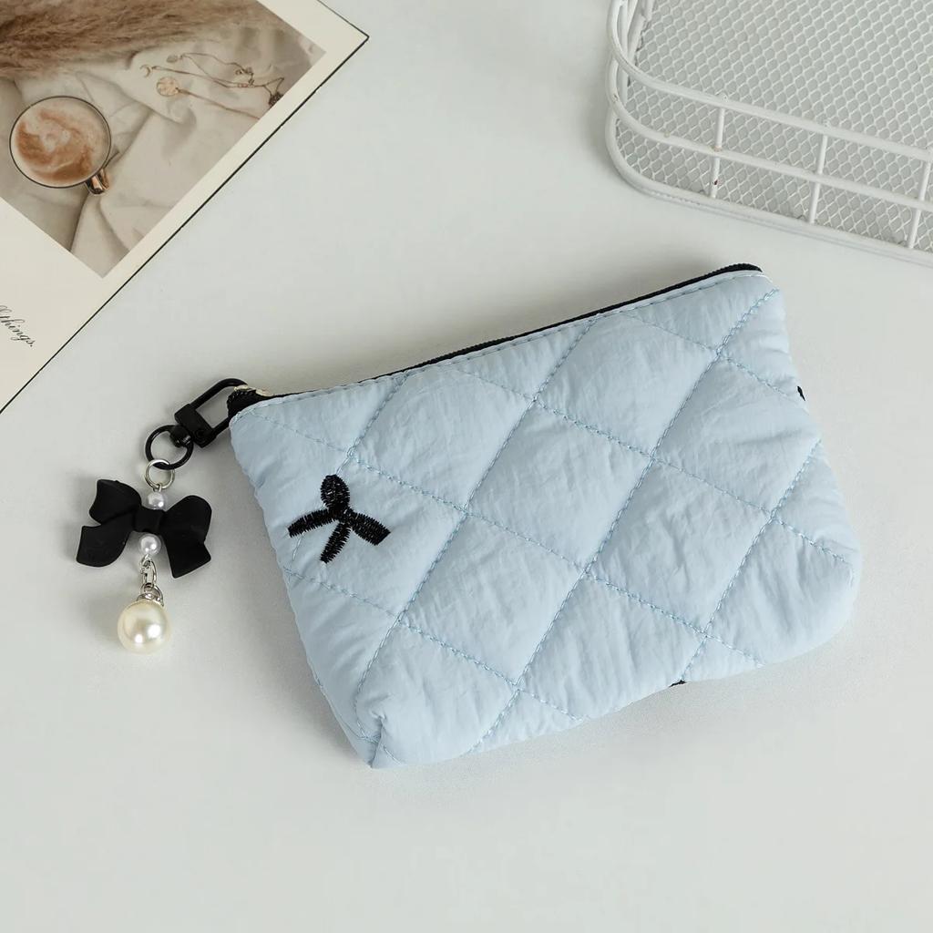 Cute Makeup Pouch for Lipstick Earphones Sanitary Napkin Tampon Storage Bag Wallet Quilted Bow Cosmetic Bag with Bow Pendant