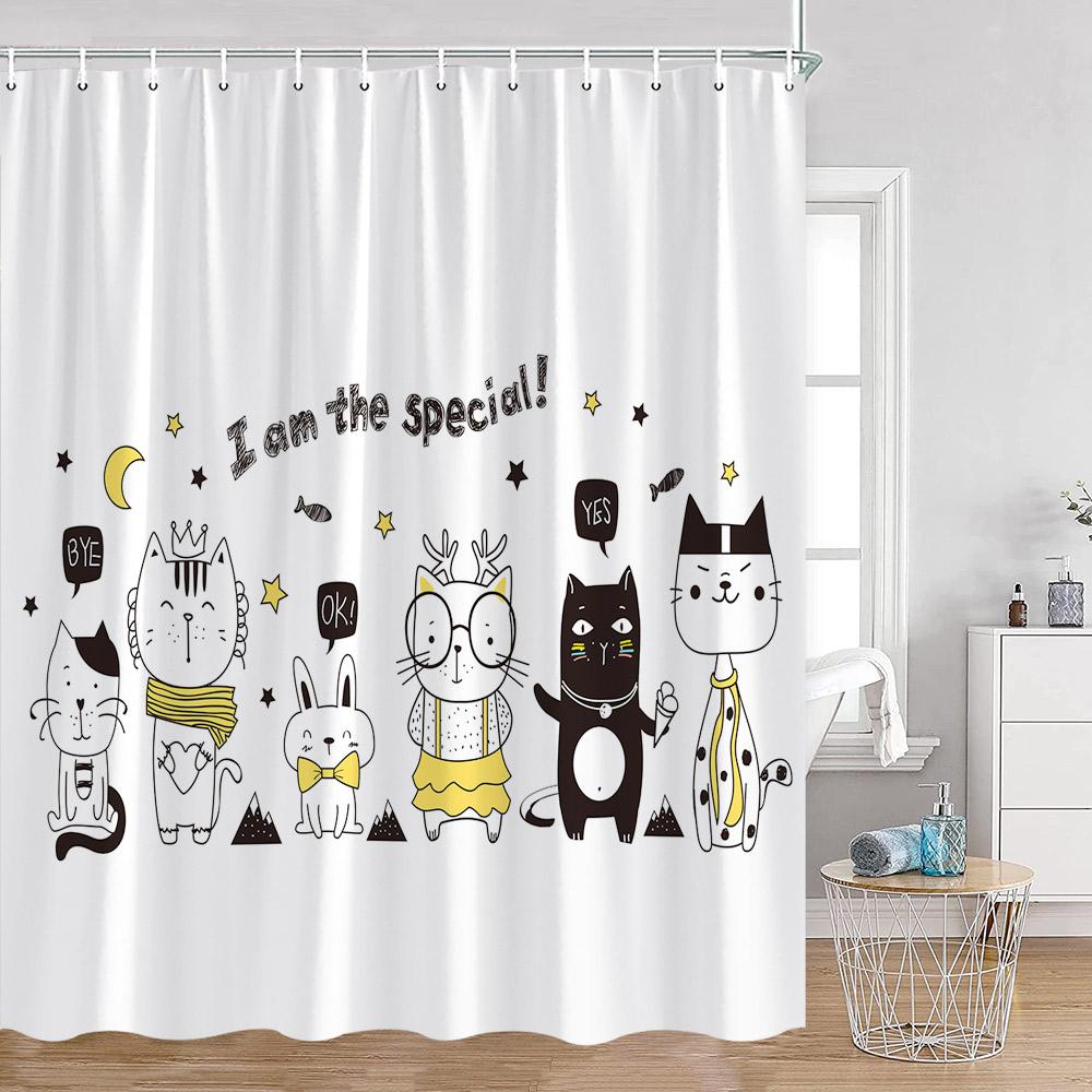Cartoon Animals Kid Shower Curtains Hand-painted Simple Line Cute Cats Bathroom Decorations Kids Children Bath Curtains for Ho