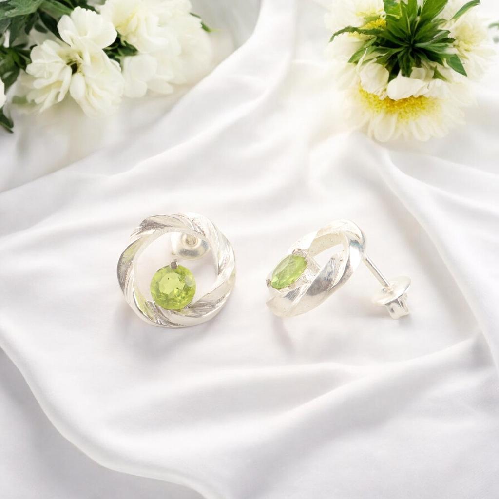 Natural Green Peridot Gemstone 925 Sterling Silver Stud Earrings For Women 0.64" CE-13-4
