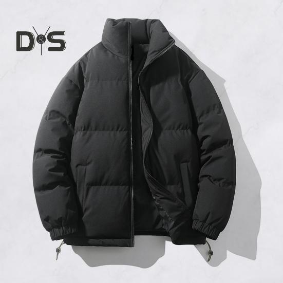Women Men Cotton Coat Stand Collar Long Sleeve Drawstring Hem Puffer Jacket with Pockets Loose Fit Warm Winter Outerwear