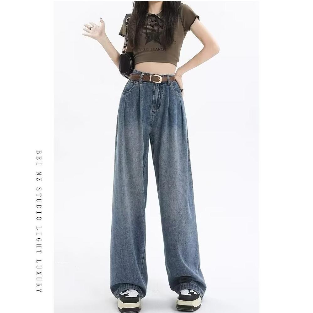 Plus Size Women's High Waist Wide Leg Drape Jeans - Autumn Retro Casual Pants