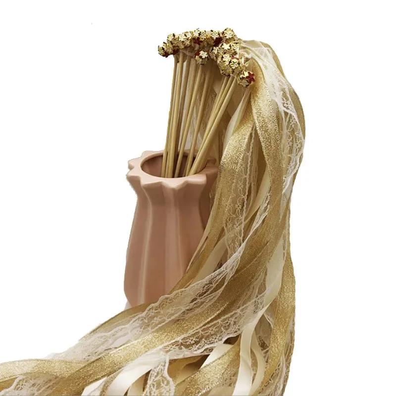 10Pcs Gold Ribbon Wands Fairy Sticks Wedding Twirling Lace Streamers With Golden Bell Party Cheering Prop Wedding Decors