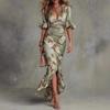 Rochie Maxi Sexy de Damă cu Decolteu Adânc în V și Volane Primăvară Elegantă cu Imprimeu Floral Rochie de Petrecere Sirena Vară cu Mâneci Evazate Rochie Lungă din Satin