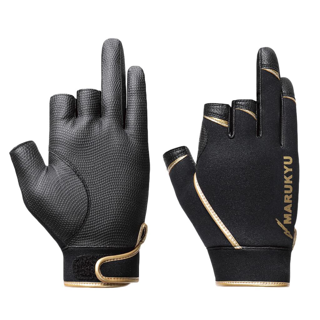 Marukyu Warm Fishing Gloves Pair MQ-01, 3-Strip, LL, Black/Gold,