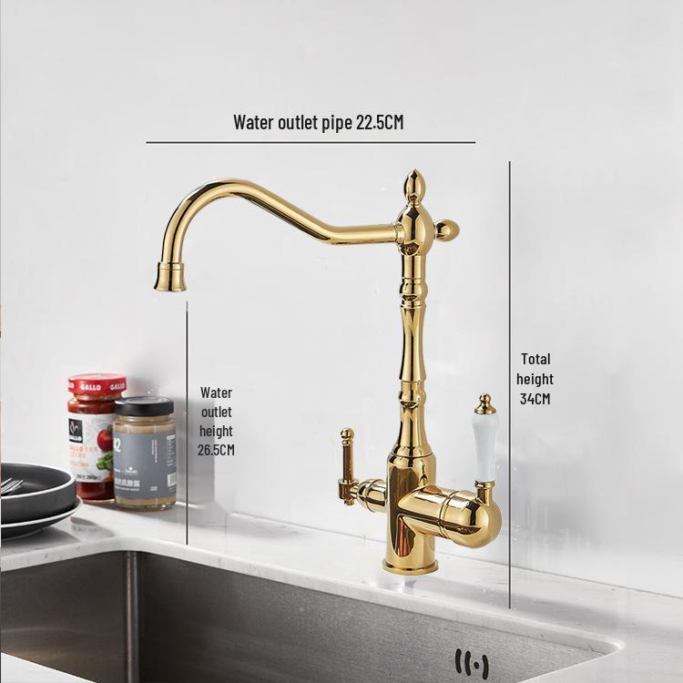 Antique Gold All-Copper 3-in-1 Kitchen Faucet: Hot/Cold Water for Sink & Vegetable Wash Basin, Splash-Proof Design