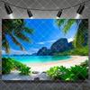 Hawaiian Tropical Summer Beach Background with Flamencos, Flowers, Aloha, Luau, Surfboard, for Parties, Photographic Studio Decoration
