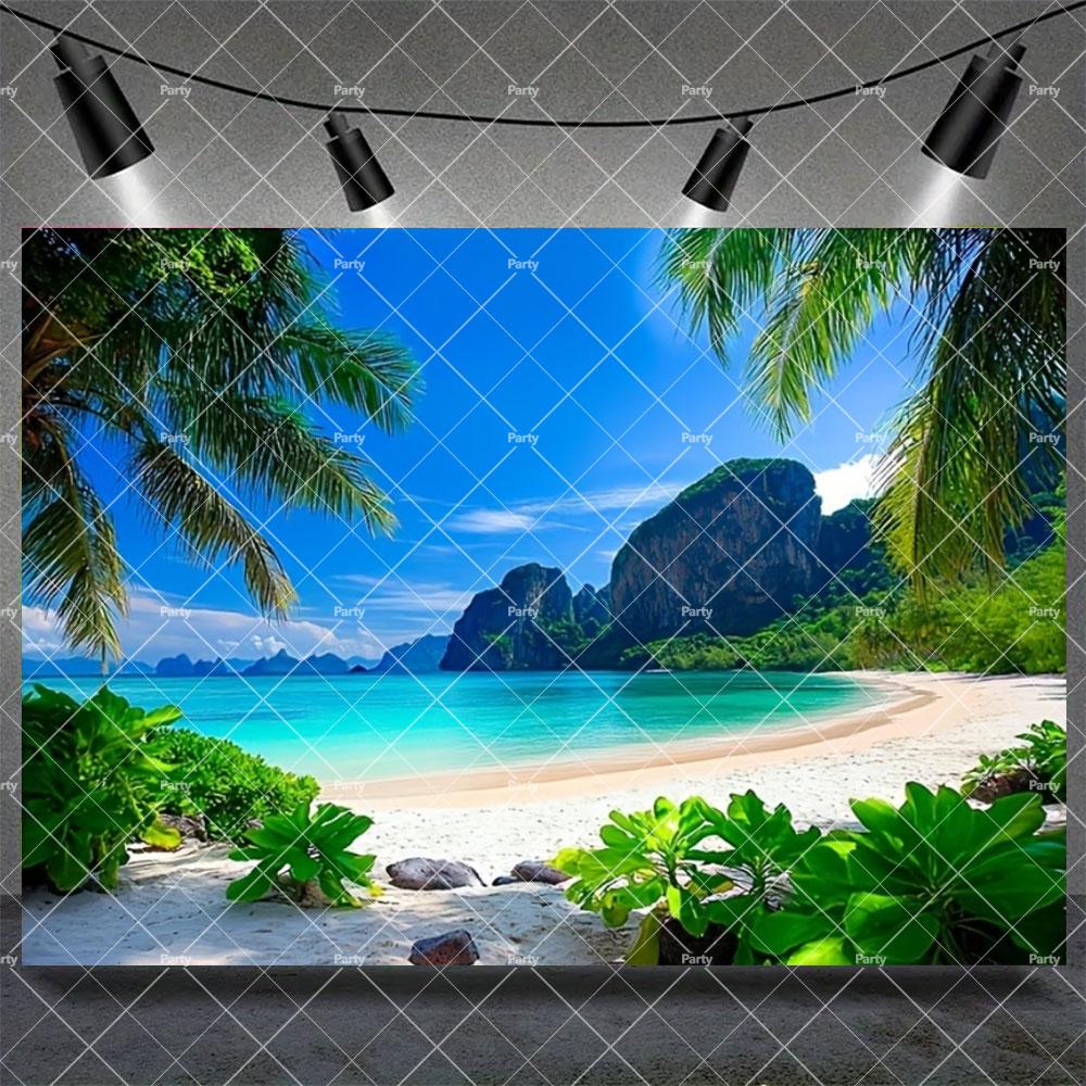 Hawaiian Tropical Summer Beach Background with Flamencos, Flowers, Aloha, Luau, Surfboard, for Parties, Photographic Studio Decoration