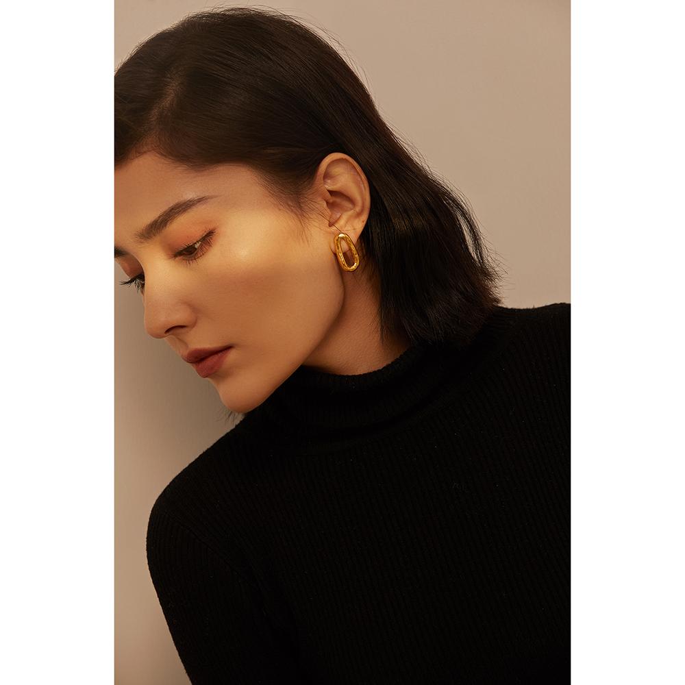 Yhpup Minimalist Metal Oval Stud Earrings Trendy Stainless Steel Geometric Fashion 18 K Jewelry Anniversary Gift Waterproof