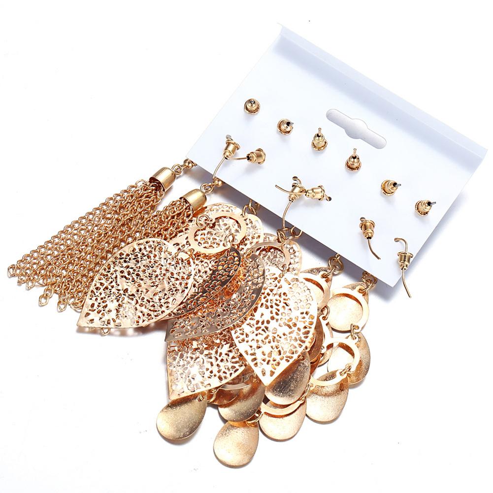 6 Pairs Bohemia Style Golden Jewelry Set Vintage Leaves Long Tassel Stud Earrings Set for Women