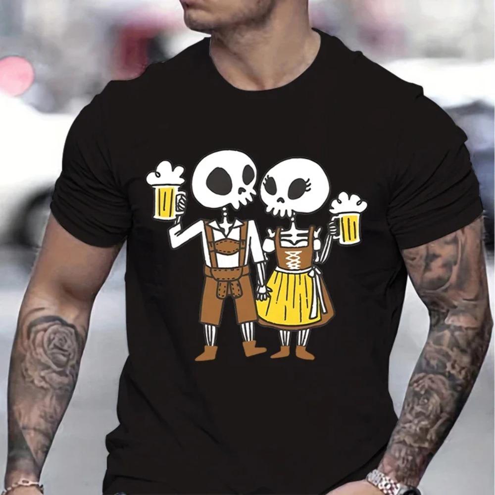 Skeleton Couple Drinking Beer Print T-shirts Beer Lover Essential Summer Clothes Skull Cheers Beers Print Fashion Mens T-shirt