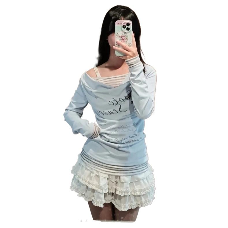 T-shirt Vintage Rayé Patchwork Col Drapé Manches Longues Femme Mode Imprimé Lettres Haut