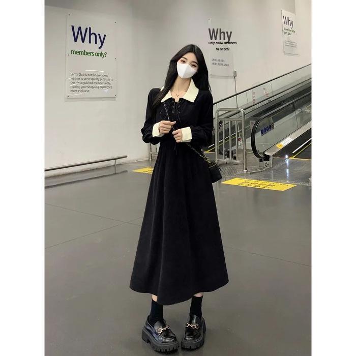2026 French Hepburn Style Slimming Color Block Lapel Dress for Spring/Autumn X-Large