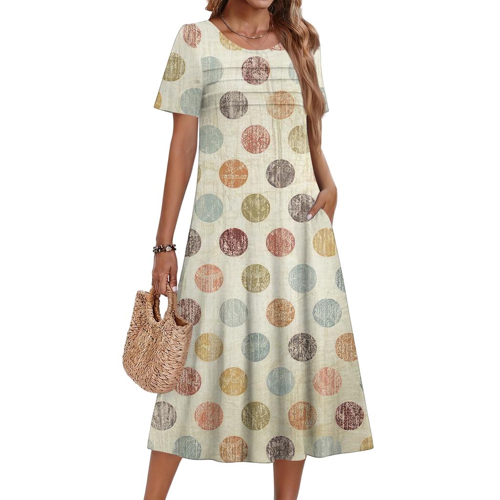 Ladies' Floral Printed Casual And Fashionable Short Sleeved Round Neck Dress