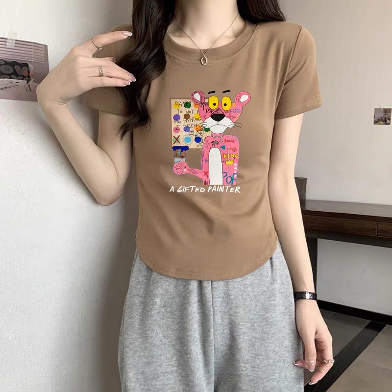

2025 summer white cotton short-sleeved cartoon printed t-shirt women s hem curved short-sleeved versatile bottoming top women s tide XXL