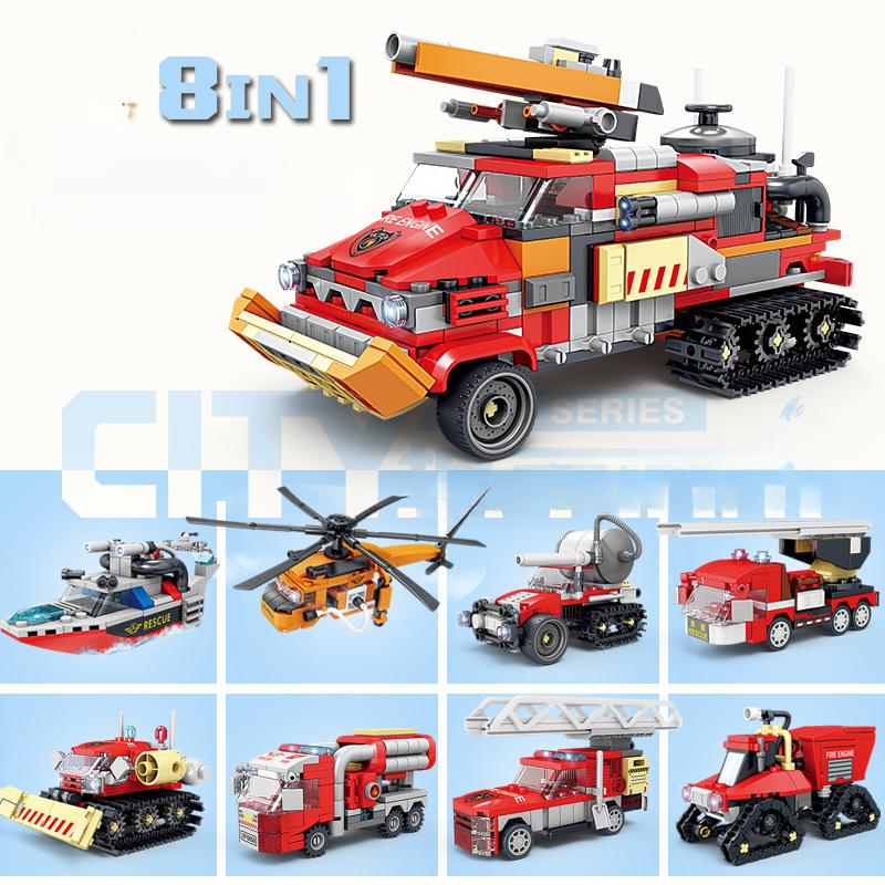 

80542 Городской огонь, многопрофильная водяная пушка, мальчик собирает игрушку из строительных блоков