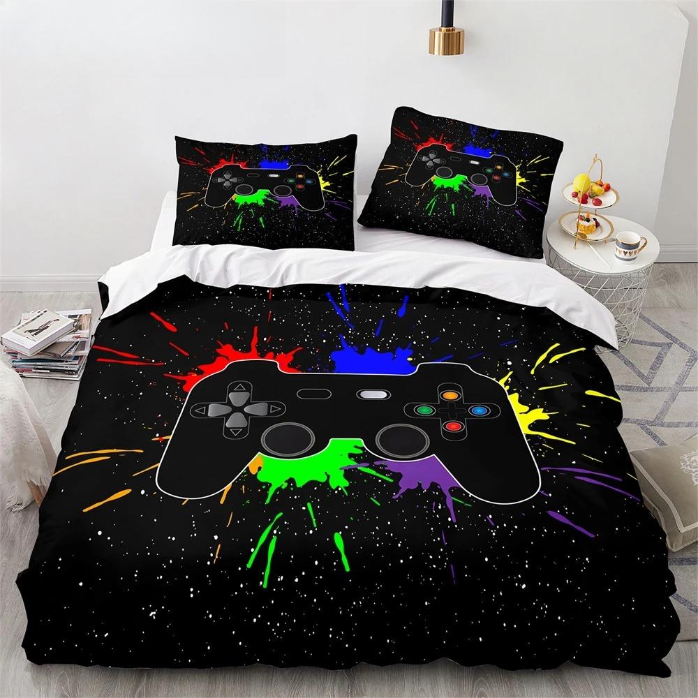 Game King Queen Duvet Cover 3D Black Game Handle Bedding Set for Kids Teens Boys Man Gamer Bedroom Decor Quilt Cover Pillowcase