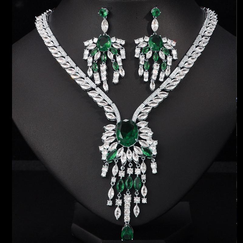 Premium Luxury Bridal Zircon Necklace Earrings Set Tassel Gala Wedding Dress Accessories Women