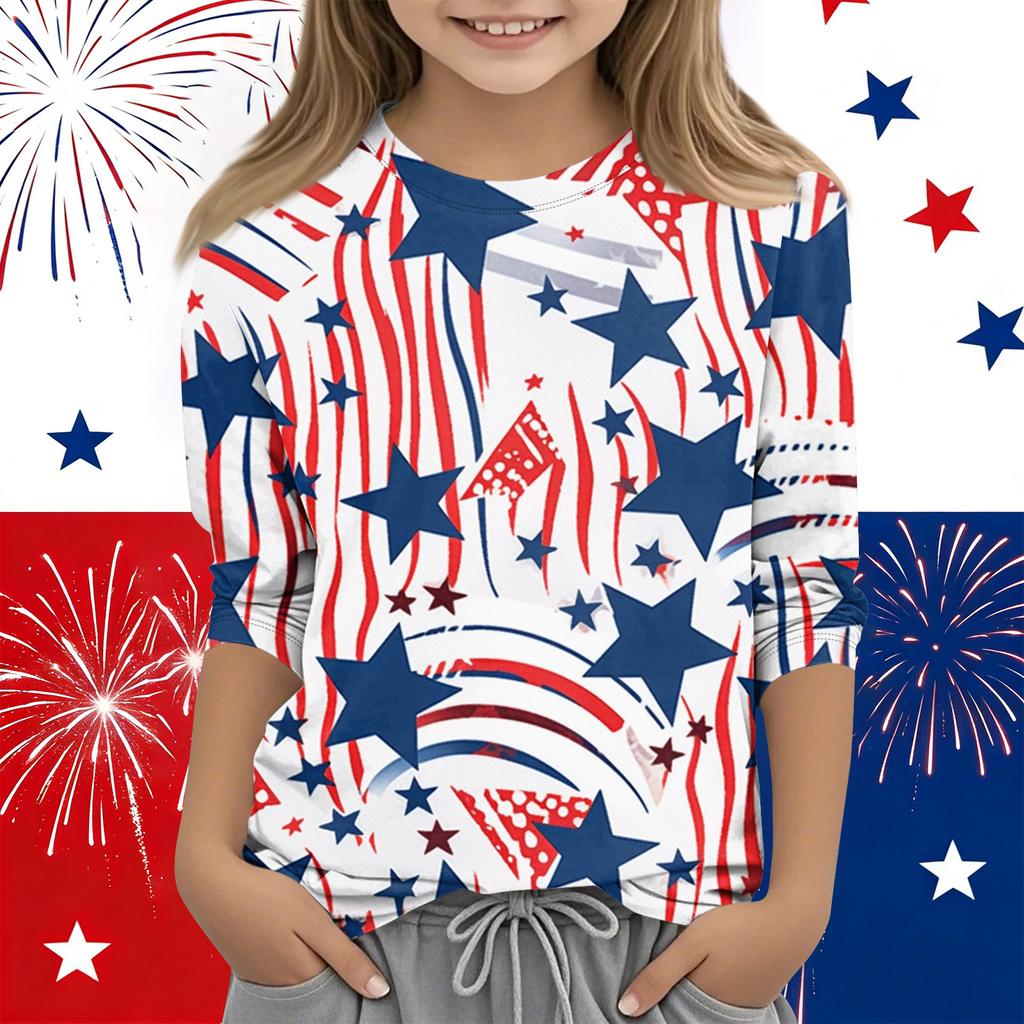 Print-Oberteile für junge Mädchen Rundhals 3/4-Ärmel T-Shirts Trendige Oberteile Outfit-T-Shirts Unabhängigkeitstag
