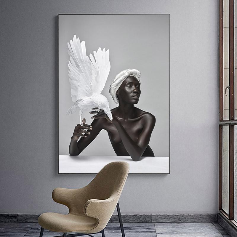 Nude African Woman Canvas Poster Feather and Black Women Oil Painting Scandinavian Decorative Picture for Living Room Wall Decor