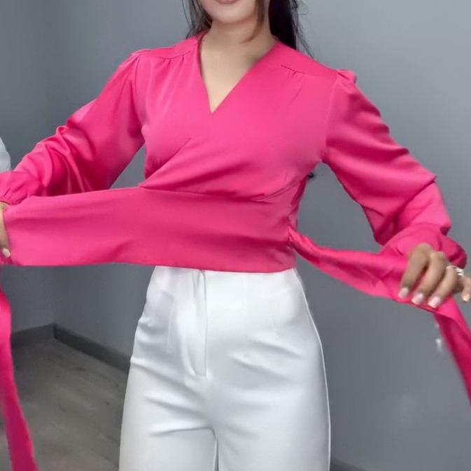 2025 Autumn European & American Style Women's Irregular V-Neck Tie-Up Top