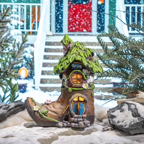 Valery Madelyn Cute Shoe Treehouse Ornament with Solar Light, 15cm Waterproof Resin, Perfect as a Birthday Gift or Outdoor Decoration