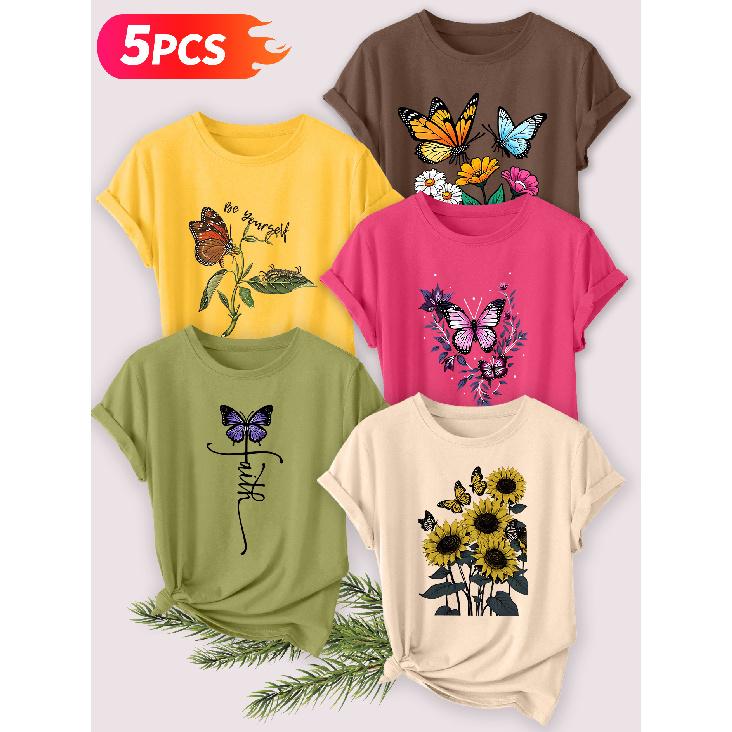 Five-piece Set Elegant Short-sleeved Shirt for Women Butterfly Sunflower Series Printed Round Neck Women's Short Sleeve Suitable for Spring and