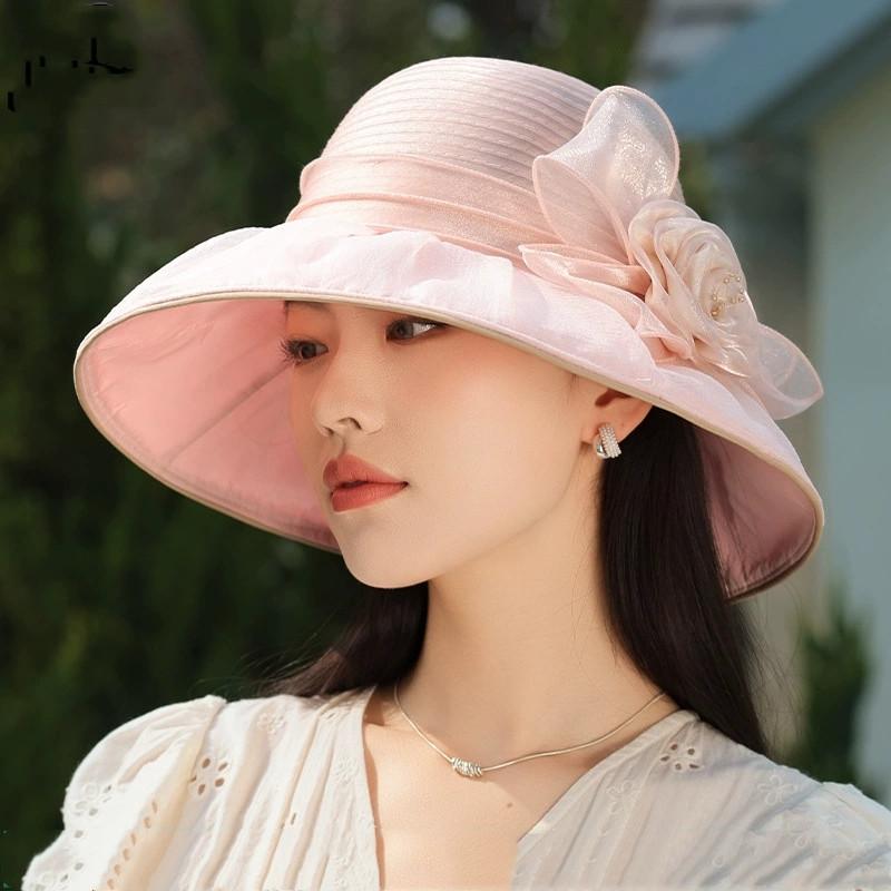 Elegant Organza UV Protection Hat Summer Ladies Outdoor Flower Sun Hat Mom's Hat