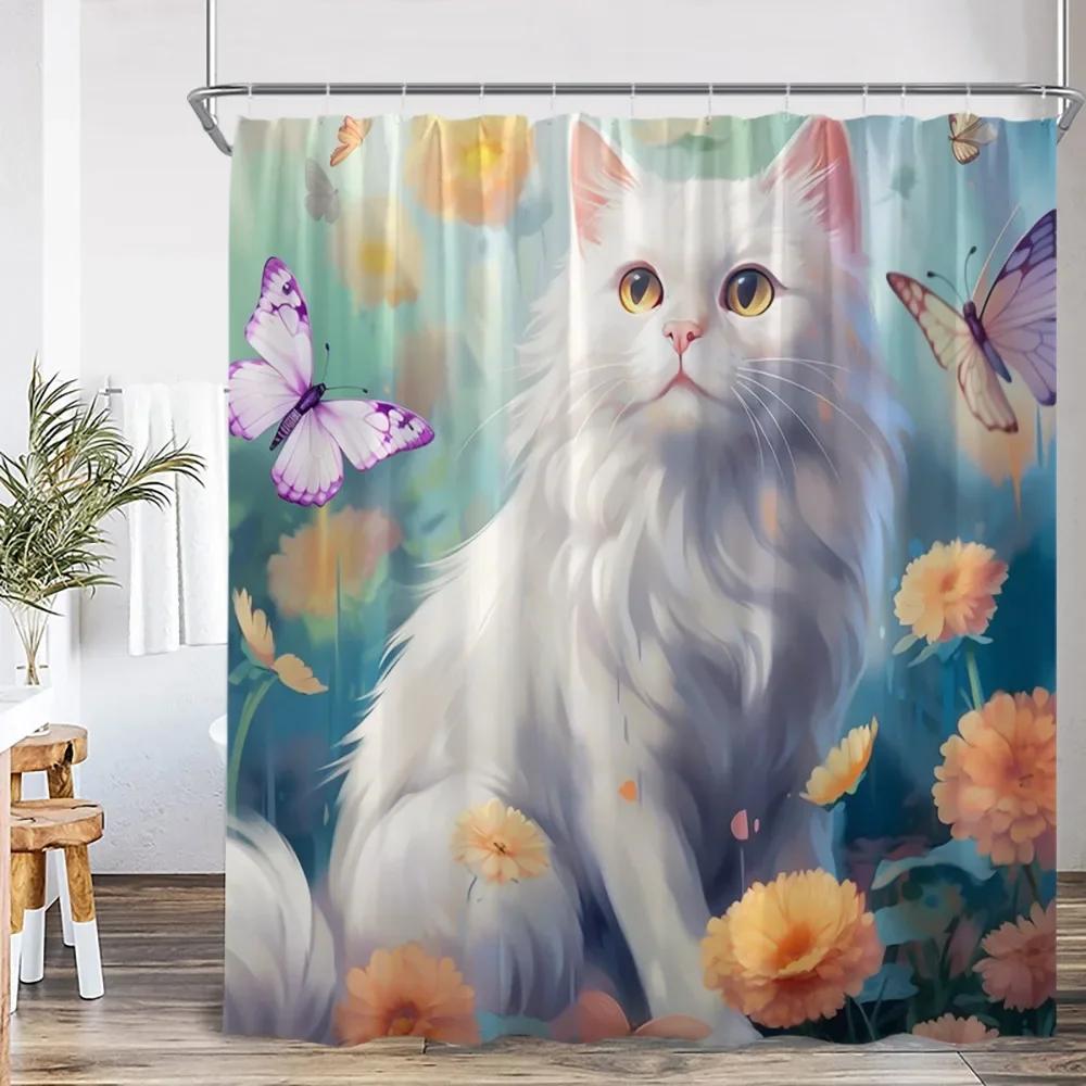 Cute Cat Shower Curtain Flower Cartoon Animal Sunflower Plant Floral Bathroom Home Decor Modern Polyester Bath Curtain with Hook