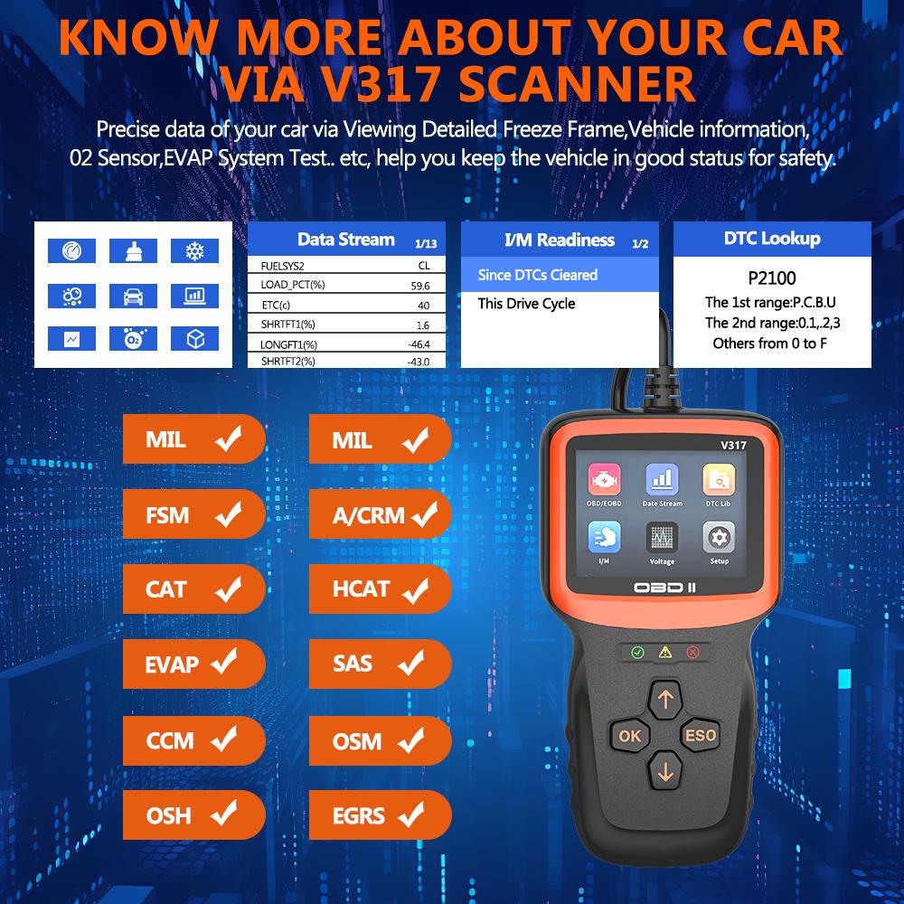 V317 Real-time Engine Fault Diagnosis Oxygen Sensor Test Automobile Fault Detector Car Diagnostic Tool OBD 2 OBD II EOBD