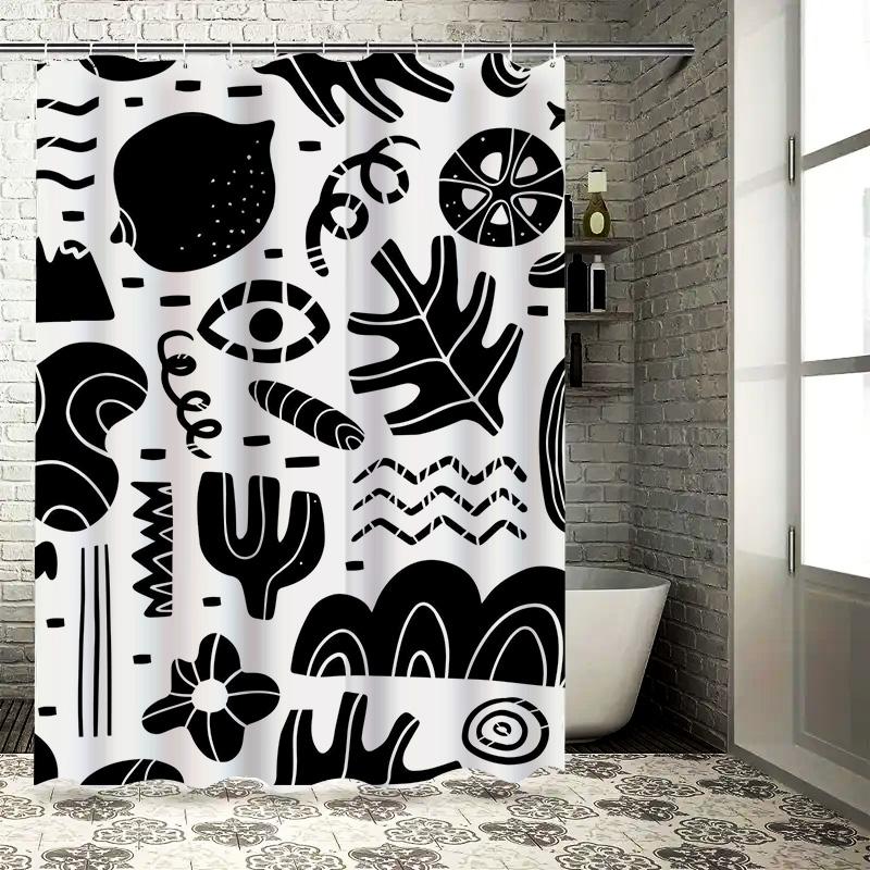 Modern Black White Shower Curtain Abstract Geometric Design for Bathroom Decor Polyester Fabric with Hook Set Custom Size Availa