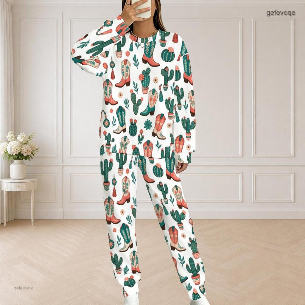 Women Plus Size White Horse Football Printed Round Neck Long Sleeve Top And Pants Two Piece Set