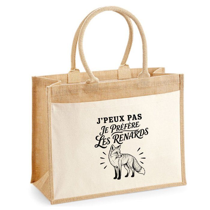 Sac cabas - PLANETEE - J'peux pas minimaliste - Motif Renards - Toile de jute & coton - 43×33×21 cm (21 L)