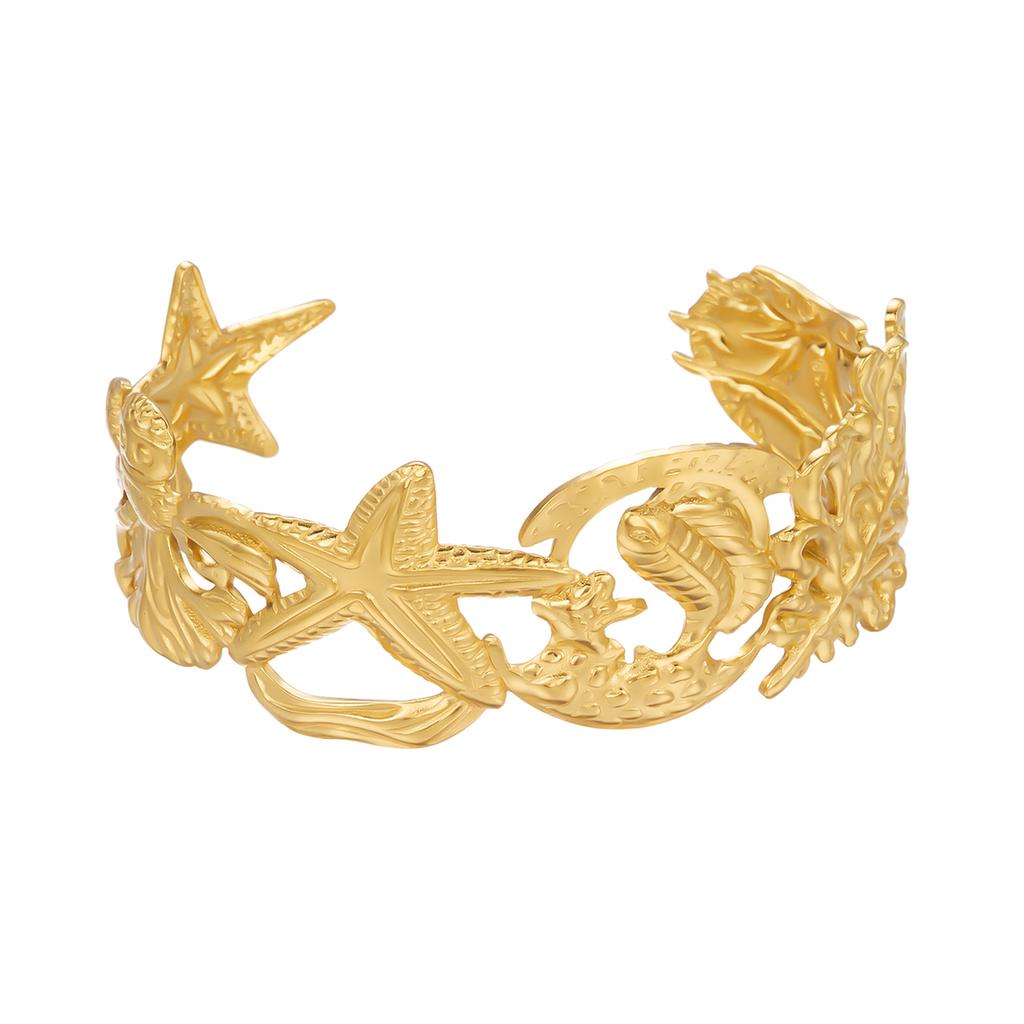 Chunky Starfish Leaves Stainless Steel Cuff Bracelet for Women High Polished  Gold Plated Wide Bangle Summer Party Jewelry Gift