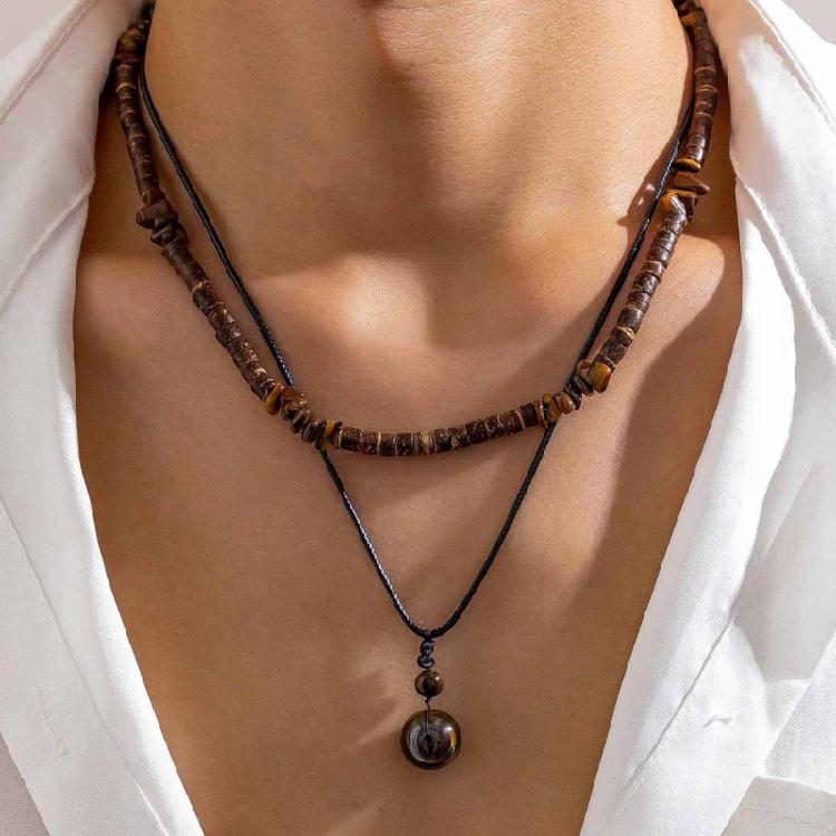 2Pcs Ethnic Layering Beaded Necklace Set Adjustable Leather Cord Jewelry With Natural Stones Holiday Gift For Adults