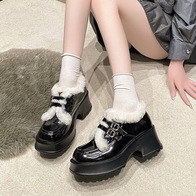 

Женские туфли Мэри Джейн из теплой пушистой кожи на толстой подошве - Нескользящий высокий каблук для осени/зимы 35