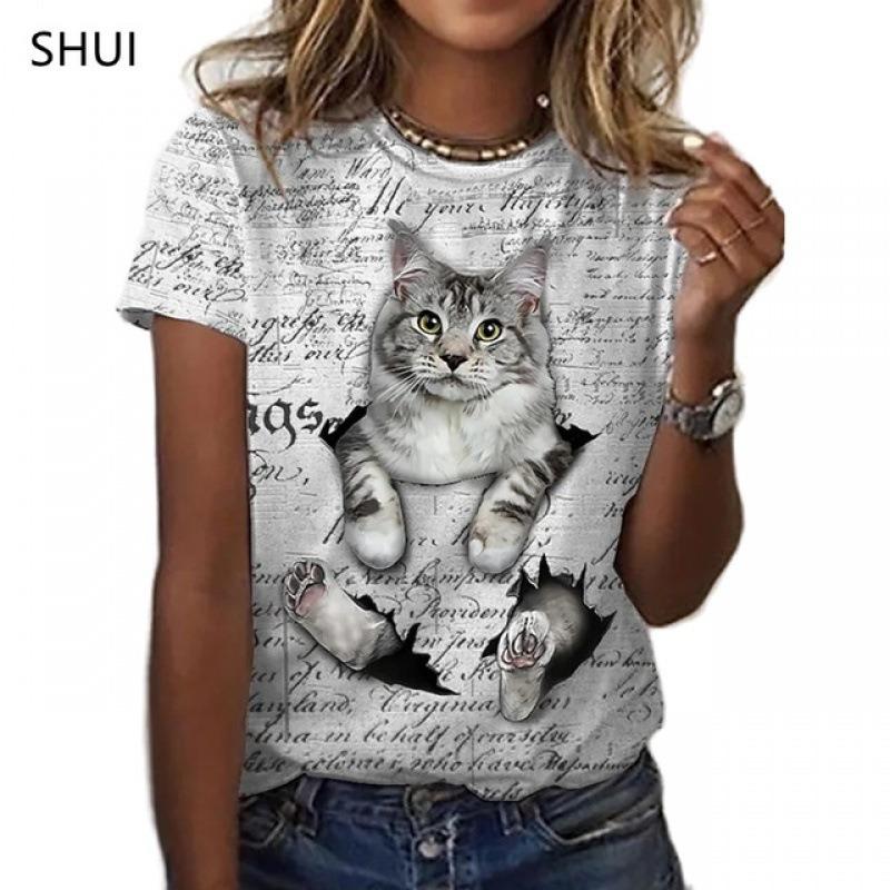 Animal Series Digital 3D Printed Men's Women's Short Sleeved T-shirt Cute Cat Round Neck Base Top