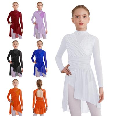 Flickors uppträdandeklänning Mock turtleneck Långärmad Utklippt rygg Skir mesh Rynkad med glittriga strass