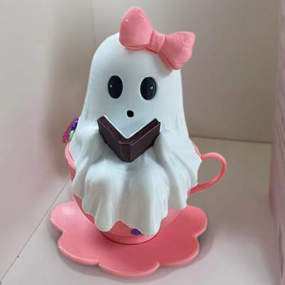 Yousheng 1/2Pcs Halloween Reading Ghost Figurine Pink Teacup Ghost Statue Resin Sculpture Home Office Holiday Party Desktop Decoration Ornament