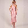 Women's Halter Sleeveless Midi Dress Slim Fit Mid Rise Elegant Satin Bodycon Dress Solid Flowing Sash Party Gown