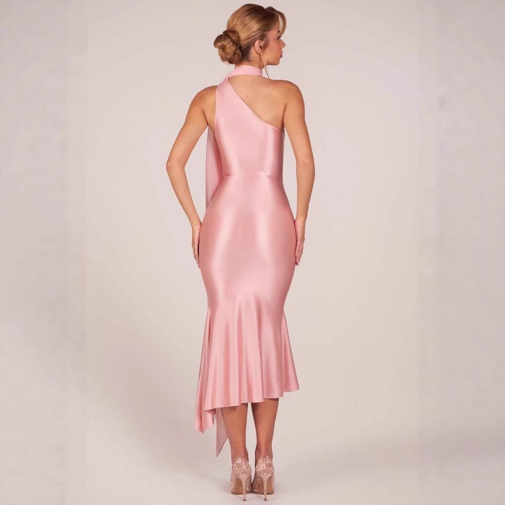 Women's Halter Sleeveless Midi Dress Slim Fit Mid Rise Elegant Satin Bodycon Dress Solid Flowing Sash Party Gown