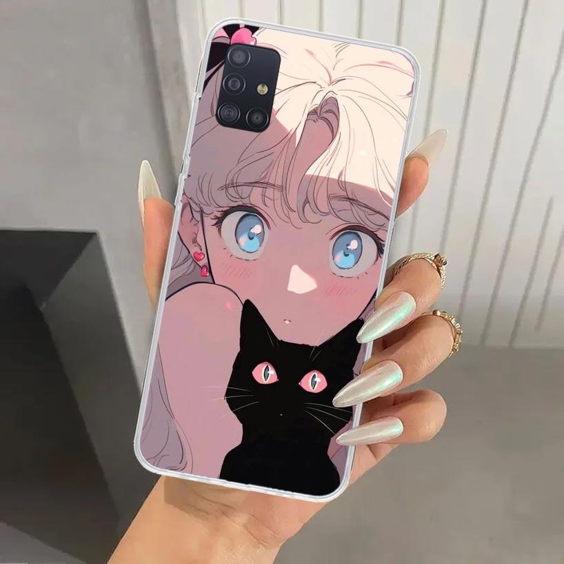 Anime Girls Cute Black Cat Phone Case for Samsung Galaxy A52 A32 A22 A12 A02S A50S A30S A10S Note 20 Ultra 10 Plus S10 A31 A20 A