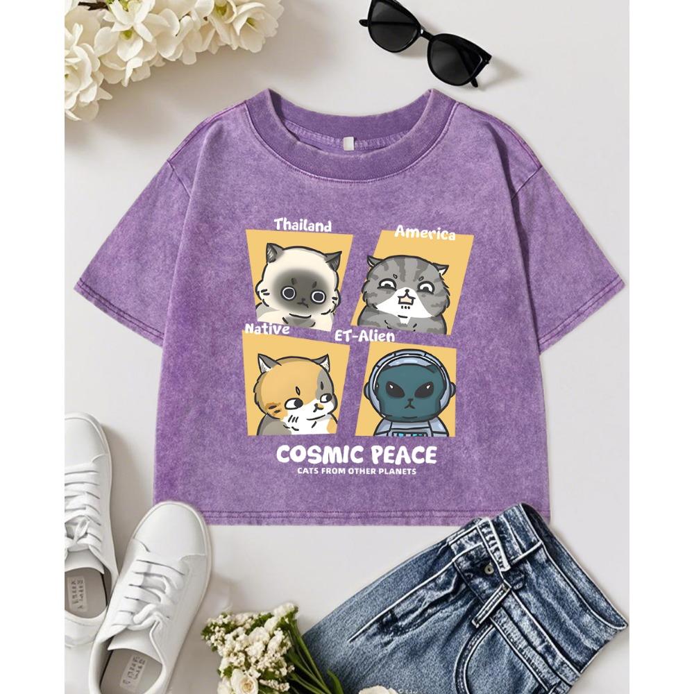 

Cosmic Peace Thailand America Cats Prints Womens Washed Crop T Shirt Cotton Y2K Summer Top Fashion Slim Clothes M